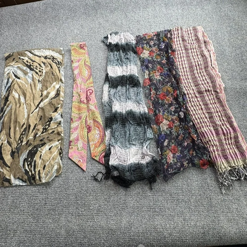 Vintage Scarf Lot Of 5 Mixed Patterns Textures Long Rectangle Boho witchy preppy